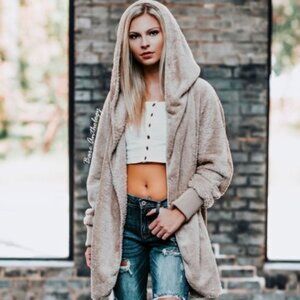 Oversized Fuzzy Fluffy Hoodie Hooded Soft Jacket Beige Tan OS